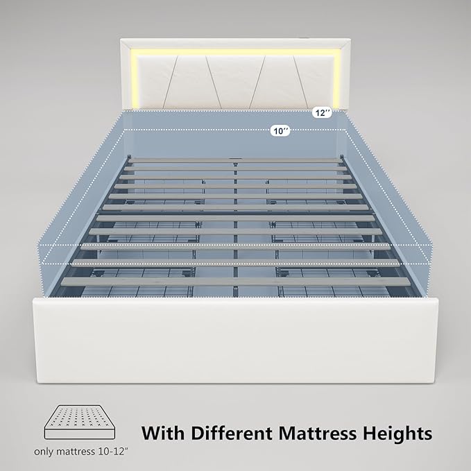 Full Size Bed Frame with Adjustable Headboard, Upholstered Platform Bed with 4 Storage Drawers, Wooden Slats Support, Built in Charging Station & LED, Noise-Free, No Box Spring Needed, Beige