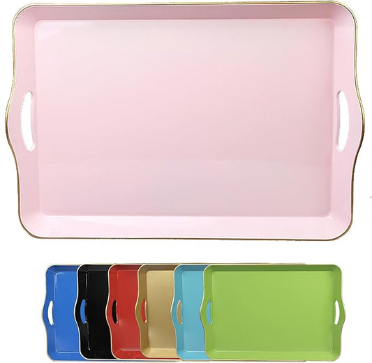 Pink Decorative Tray for Coffee Table with Handles, Plastic Rectangular Serving Tray for Living Room, Bathroom, Outdoors, 11.8"*17.3"