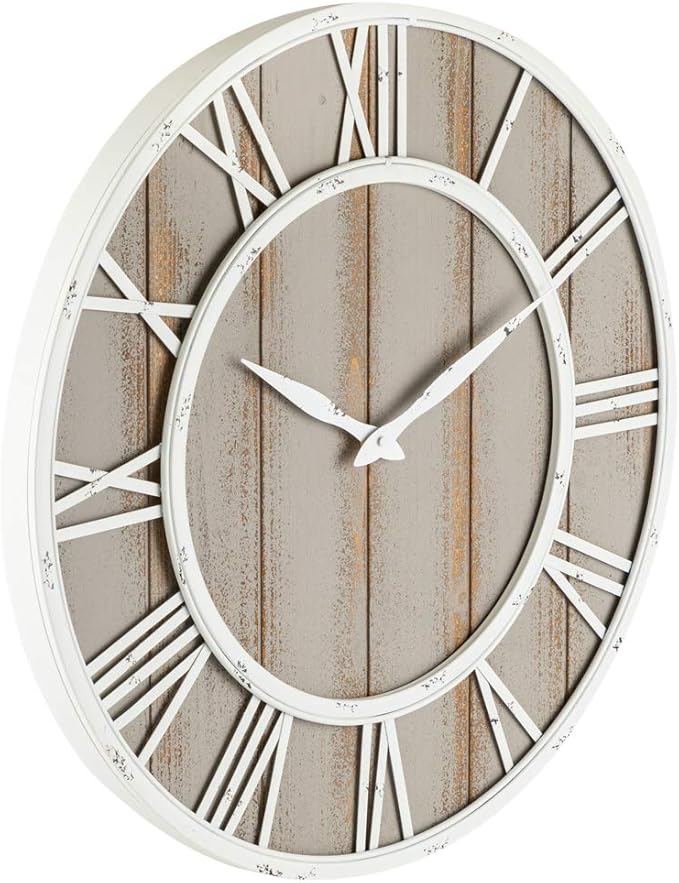 Oldtown Farmhouse Metal & Solid Wood Noiseless Wall Clock (Coastal Grey, 30-inch)