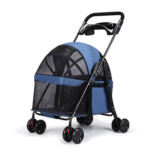 Pet Stroller, Dog Stroller for Small and Medium Dogs Cats with 360° Wheels, Folding Puppy Strollers with Dual Brake, Large Storage Basket, Breathable Mesh, Cup Holder, Removable Top (Navy Blue)