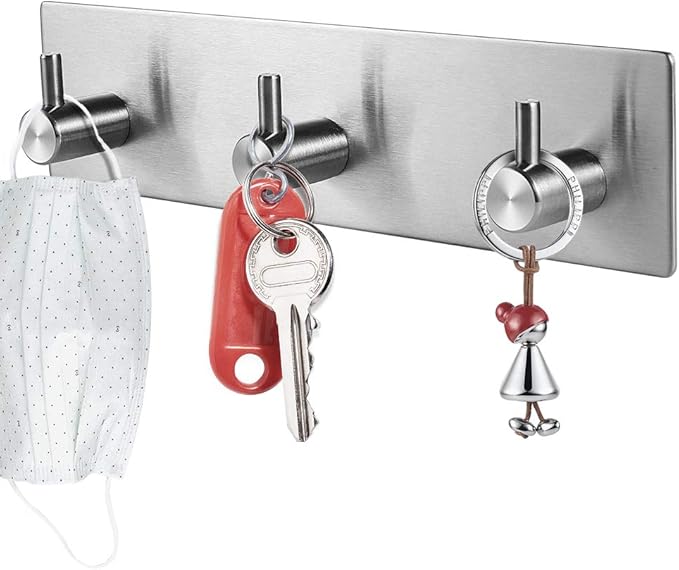 Picowe Key Holder for Wall Decorative, Adhesive Stainless Steel Key Hooks, Key Hanger Key Organizer for Wall, Towel Hook Coat Hanger for Entryway Hallway Kitchen(Three Rows,Sliver 1PCS)