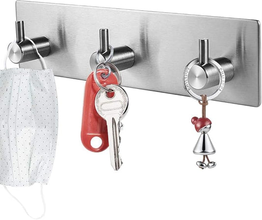 Picowe Key Holder for Wall Decorative, Adhesive Stainless Steel Key Hooks, Key Hanger Key Organizer for Wall, Towel Hook Coat Hanger for Entryway Hallway Kitchen(Three Rows,Sliver 1PCS)