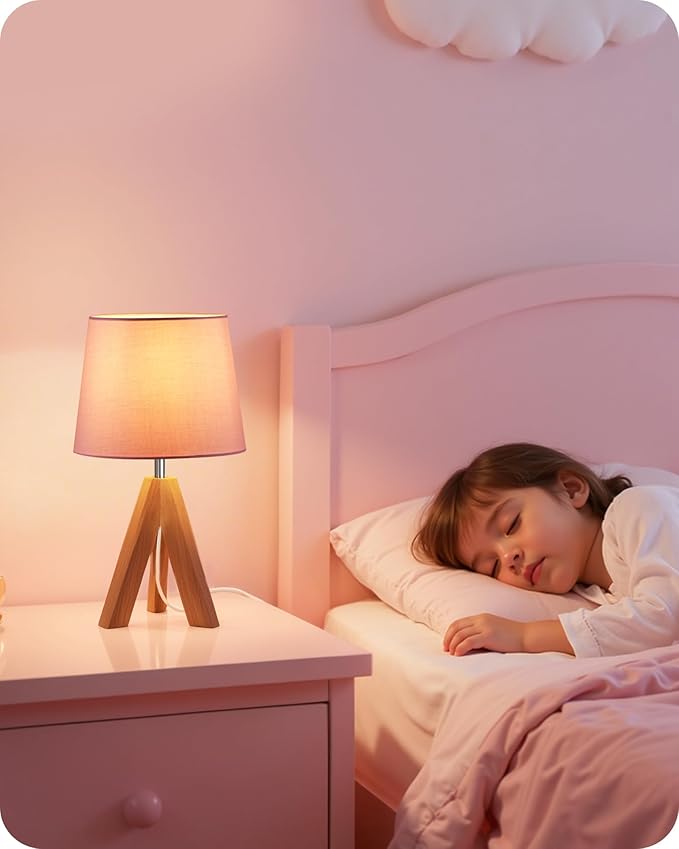 Small Tripod Table Lamp, Modern Nightstand Lamp with Fabric Shade, Boho Bedside Wood Desk Light for Bedroom, Kids Room, Living Room, Office, Study, Pink, P51TL05