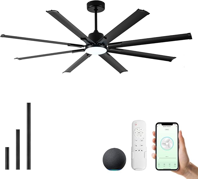 72In Black Aluminum Ceiling Fan with Light,Smart ceiling fan with Alexa and APP(via WIFI),6 Speed,3CCT,Quiet DC Outdoor Indoor fan for patio and Living Room