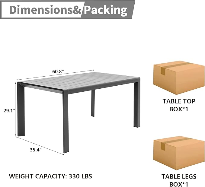 Outdoor Dining Table for 6, 60"x35" Patio Rectangular Dining Tables Powder-Coated Aluminum Table Top Heavy Duty Patio Furniture for Garden,Grey Frame