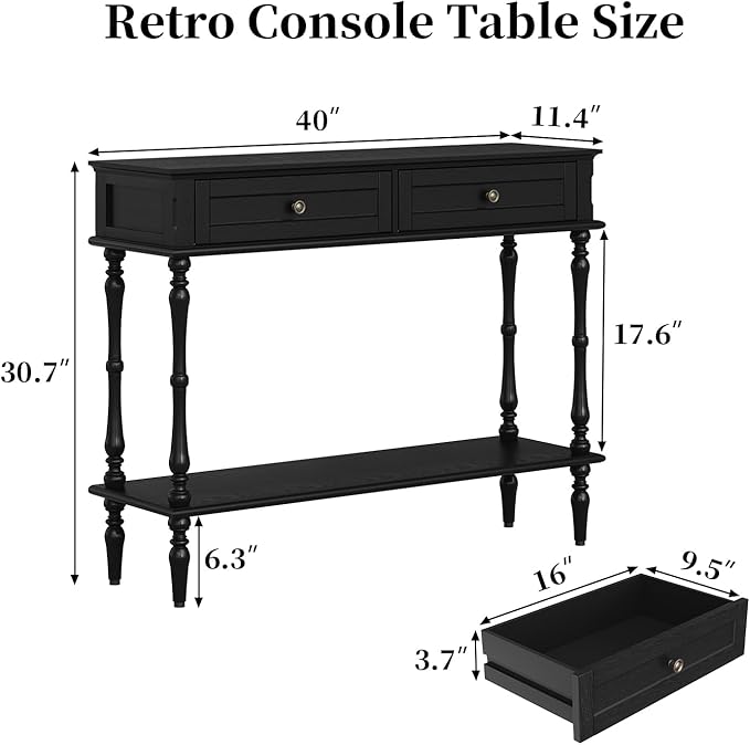 ARTPOWER Console Table for Entryway with 2 Drawers-Minimal Assembly,Black Retro Entryway Table with Storage Cabinets and Open Shelf,Narrow Long Couch Table Behind Sofa for Living Room,Foyer,Hallway