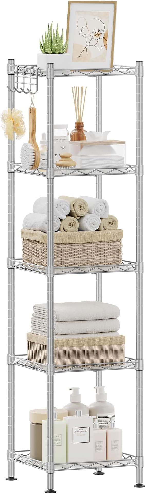 SONGMICS 5-Tier Bathroom Shelf, Storage Rack for Small Space, with 5 PP Shelf Liners, Removable Hook, Extendable Design, Silver and Translucent ULGR023S01