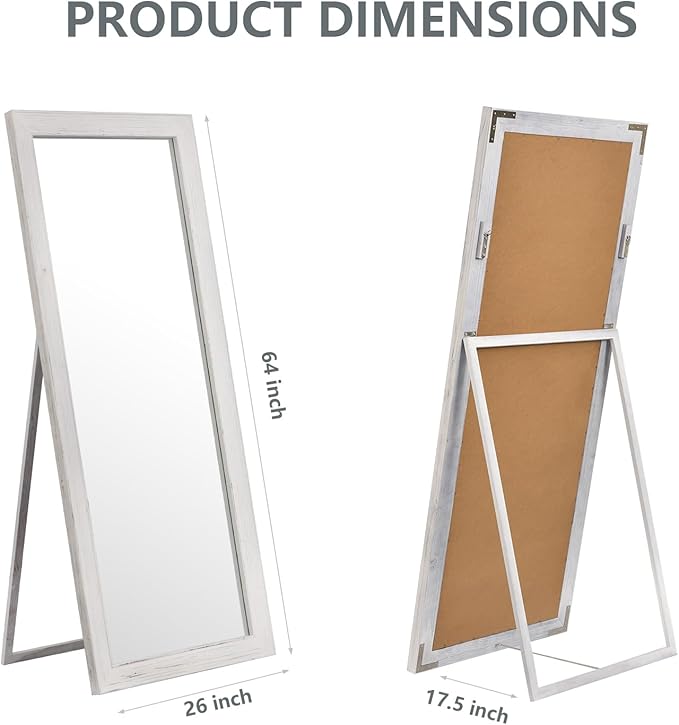 Yumyolk Full Length Mirror with Stand 64"x26" Large Vintage Wood Wall Mounted Mirrors for Bedroom White