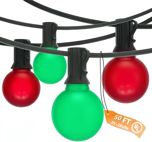 50Ft Outdoor Frosted Red and Green Christmas Lights,LED G40 Globe Patio Christmas Lights with 25 Red and Green Bulbs(2 Spare),Vintage Hanging Light for Tree Garden Porches Xmas Holiday