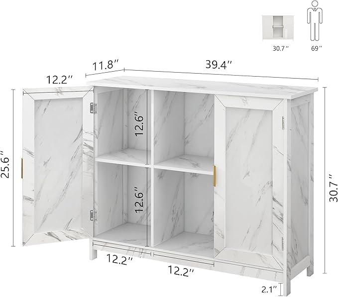 TaoHFE Marble Top Narrow Sideboard Cabinet,Modern White Marble Side Buffet Cabinet with Storage,Kitchen Island Narrow Sideboard for Kitchen for Living Room