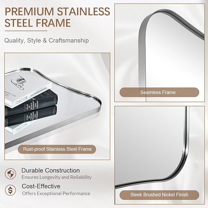 ANDY STAR Brushed Nickel Mirror, 24x36 Inch Scalloped Mirror, Unique Bathroom Mirror with Rust-Proof Stainless Steel Metal Frame, Ideal for Entryway, Powder Room