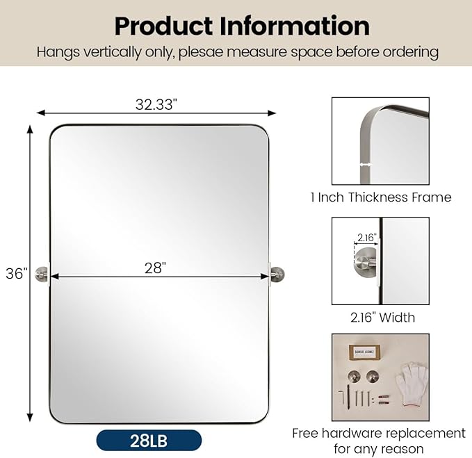 28"x36" Brushed Nickel Pivot Bathroom Mirror, Silver Metal Framed Rounded Rectangular Wall Mirrors, Tilting Beveled Vanity Mirror, Wall-Mounted Mirrors Hangs Vertically Only(Overall 31.75" x 36")