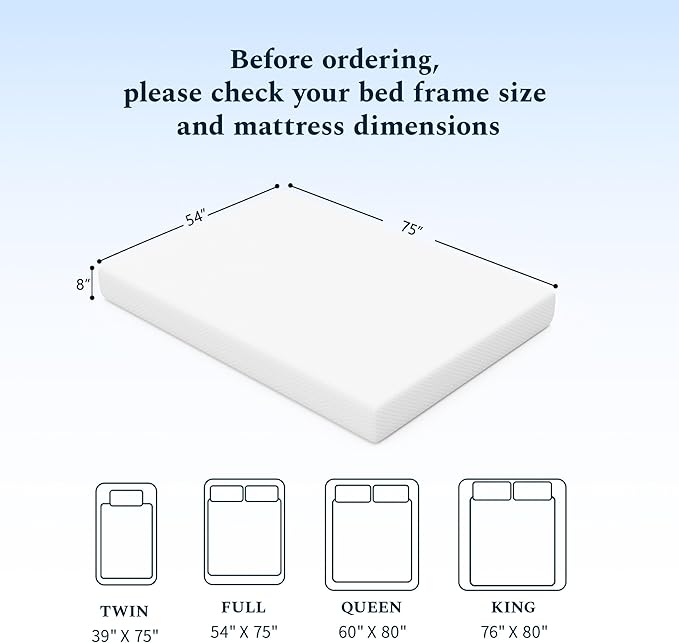 Full Mattress, 8 Inch Memory Foam Mattress in a Box, Fiberglass Free Full Size Mattresses for Pressure & Pain Relief, Soft and Comfortable