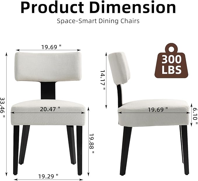 Dining Chairs Set of 2, Fabric Upholstered Wood Kitchen Chairs, Linen Curved Backrest Accent Chairs,Farmhouse Modern Dining Chairs with Foot Pad for Kitchen/Living Room/Restaurant/Cafe-Beige