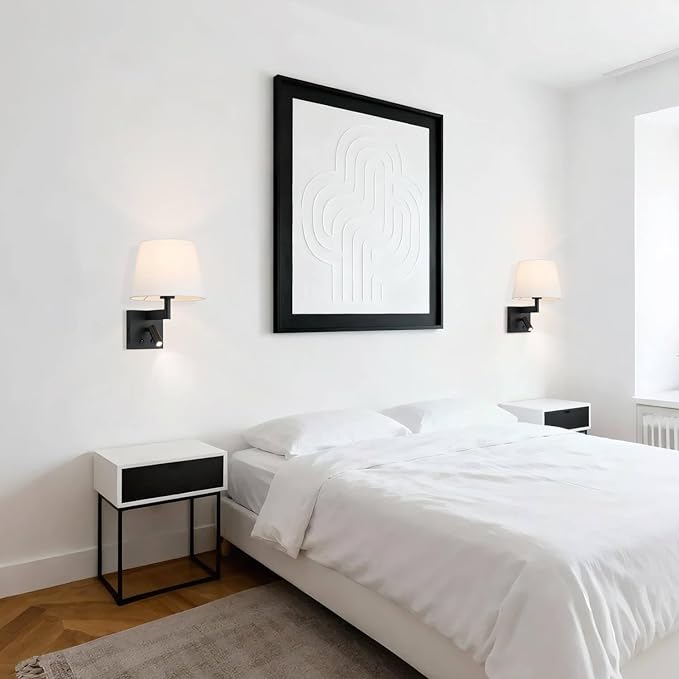 XiNBEi Lighting Hardwired Wall Sconce with LED Integrated Reading Light, Bedroom Wall Lamp with Linen Fabric Shade & On/Off Switch Modern Bedside Sconce Lighting Fixture, Matte Black XB-W468-LED-MB