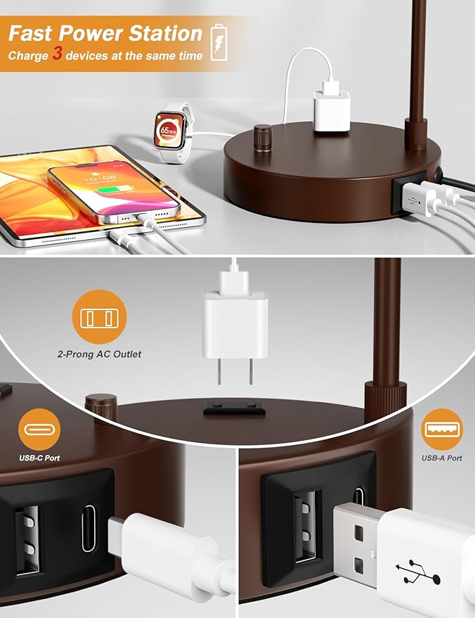 Innqoo Gray Tall Table Lamp with USB Port and Outlet, Dimmable Nightstand Bedside Lamps with Linen Lampshade, Desk Lamp for Bedroom, Living Room, Guest Room, Home Office, LED Bulb Included