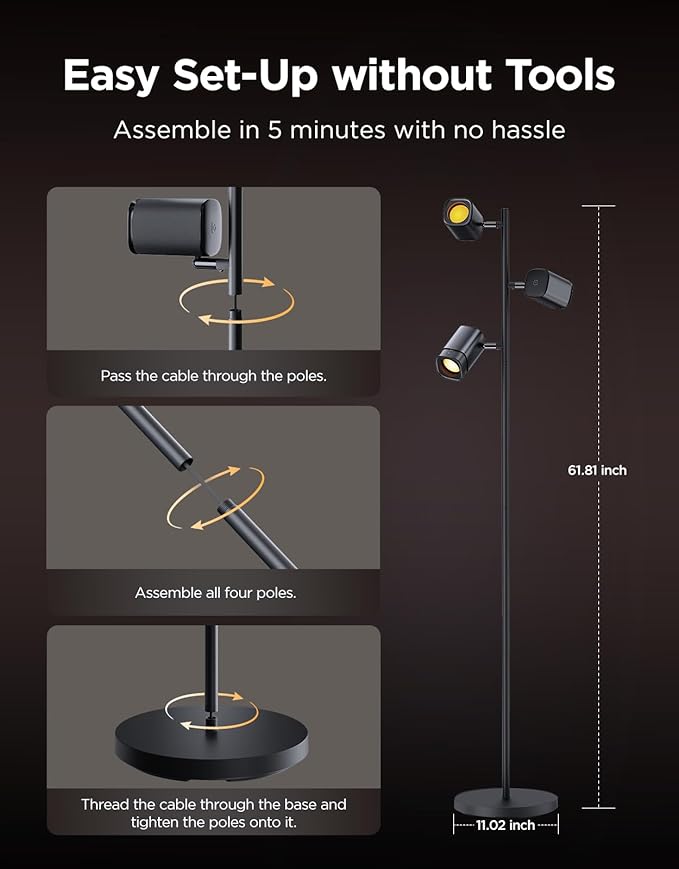 Govee Tree Floor Lamp Compatible with Matter, 3 Rotatable Lights with LuminBlend Technology, Standing Lamp with 64 Dynamic Scenes, Music Sync, Ideal Floor Lamp for Living Room, Bedroom, Office