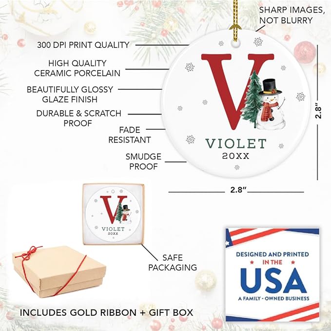 Andaz Press Personalized Ornament, Custom Name, Initial V Monogram Snowman 2.8" Ceramic Porcelain 2025 Christmas Ornament Keepsake for Kids, Boys, Girls, Includes Gold Ribbon & Gift Box, 1-Pack