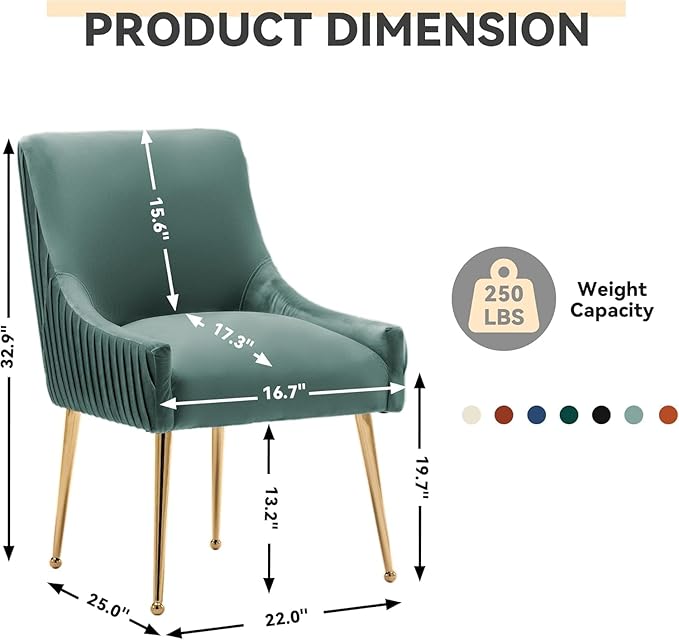 Dining Chairs, Accent Chairs Set of 6, Modern Upholstered Kitchen Dining Room Chairs with Gold Legs, Fabric Tufted Velvet Living Room Chairs for Reception Room Bedroom Guest Room (Green)