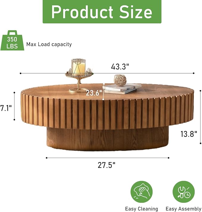 Oval Coffee Table for Living Room, 43.3'' Modern Handcraft Drum Coffee Table Unique Fluted Coffee Tables Wood Center Table End Table for Small Space, Farmhouse Apartment Office (Oval Wood)
