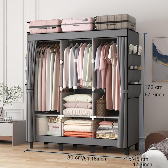 Portable Wardrobe, Clothes Organizer, Easy Hanger Wardrobe, Multiple Dividers and 3 Drawers, 6 Side Pockets Large Capacity (Grey)