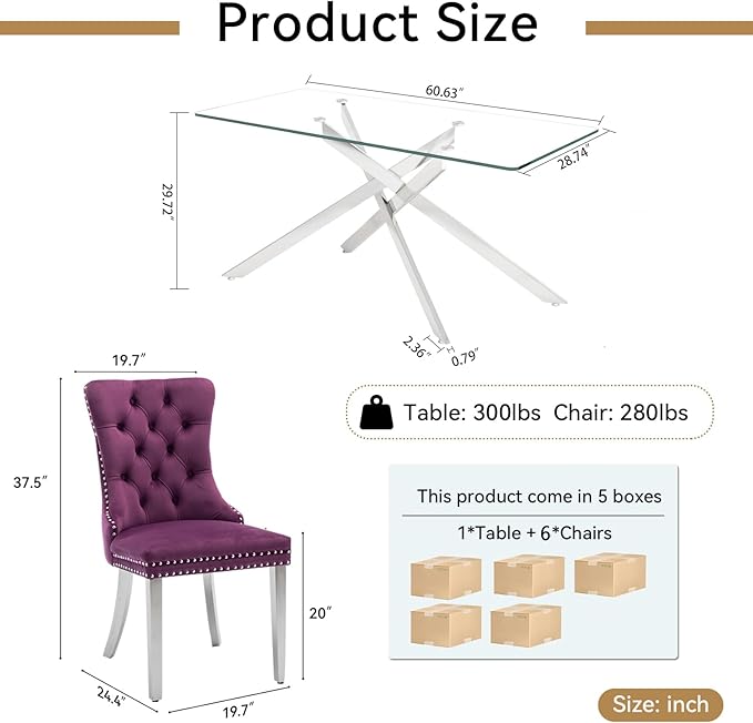 Goujxcy 7 Piece Glass Dining Table Set Modern Glass Dining Table Set for 6, 61" Rectangular Silver Kitchen Table and 6 Velvet Upholstered Chairs, Silver Table & Purple Chair