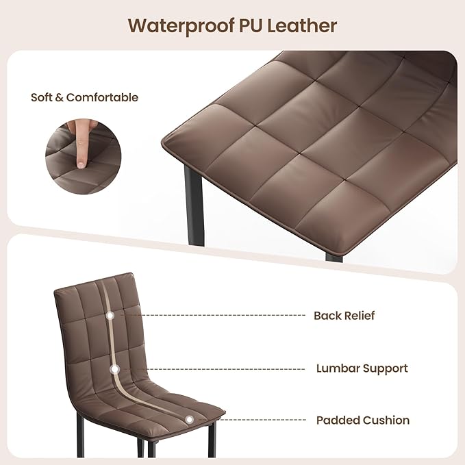 Dining Chairs Set of 2, PU Leather Upholstered Kitchen Chair with Metal Legs, Modern Accent Chairs, Brown Dinner Chairs for Kitchen, Dining Room, Restaurant, Cafe, Bedroom, Balcony, Courtyard
