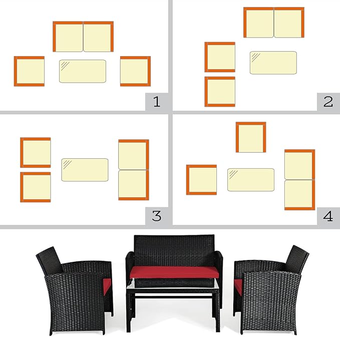 Tangkula Patio Wicker Conversation Furniture Set, Patiojoy Sofa & Table Set w/4 Seats, Outdoor Rattan Sofa Set for Balcony Backyard, Wicker Chair Set with Tempered Glass Coffee Table (2, Red)