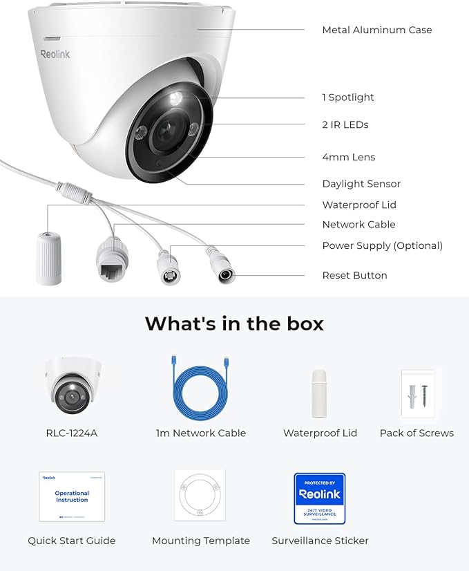 REOLINK 12MP PoE IP Camera Outdoor, 97° Wide Angle Dome Security Camera for Home Surveillance, Human/Vehicle/Pet Detection, 700lm Color Night Vision, 2 Way Talk, Up to 512GB microSD Card, RLC-1224A