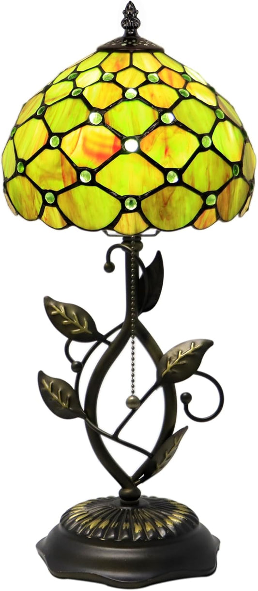Small Tiffany Lamp Brown Green Pearl Style Stained Glass Table Lamps Desk Bedside Reading Light 8X8X18 Inches with Bronze Metal Leaf Resin Base