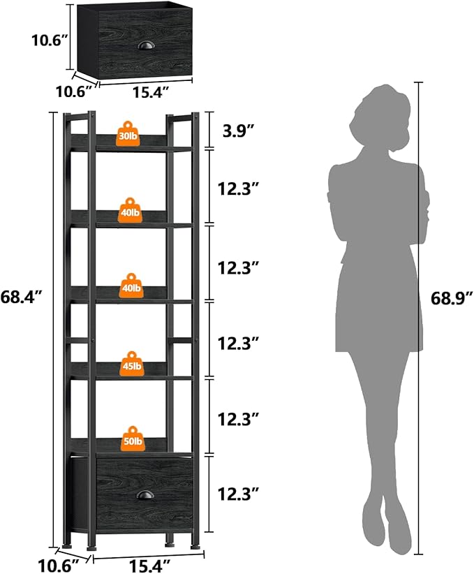 Furologee 6 Tier Bookshelf, Tall Shelf with Drawer, Wood and Metal Bookshelves Storage Organizer, Industrial Display Shelving Unit for Bedroom, Living Room, Home Office, Black Oak