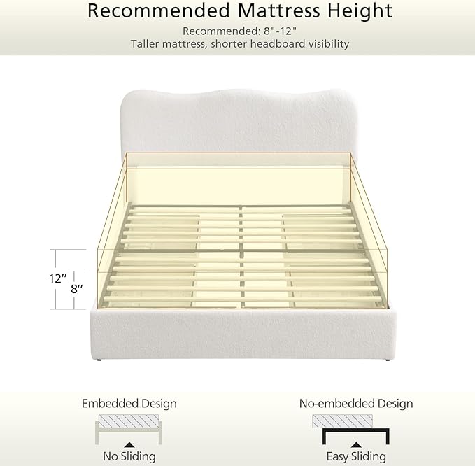 VELOCAVA Queen Size Upholstered Bed with 4 Storage Drawers, Modern Upholstered Bouclé Platform Frame with Curved Headboard, Sturdy Wood Slats, Rounded Corners, No Box Spring Needed, Cream White