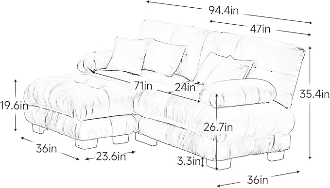 94.4" Loveseat Sofa, 2 Seater Modular Sectional Sofa, White Large L Shaped Sectional Fluffy Couch, Chenille Cloud Couch with Ottoman, Deep Seat Sofas for Living Home