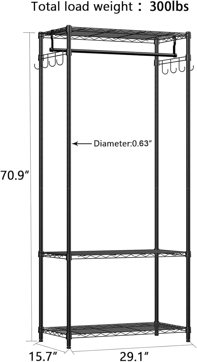 Xiofio 3 Tiers Heavy Duty Clothing Rack, Metal Garment Rack Coat Rack, Clothes Rack with 2 Side Hooks,Hanging Adjustable Garment Rack for Bedroom Living Room Laundry Room Balcony Garden,Black