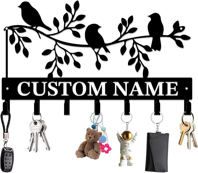 Personalized Custom Name Birds of Trees Wall Key Hooks,Metal Birds of Trees Art Clothes Hooks,Metal Birds of Trees Wall Home Storage Decorative,For Front Door, Hallway, Kitchen, Bedroom(Style H)