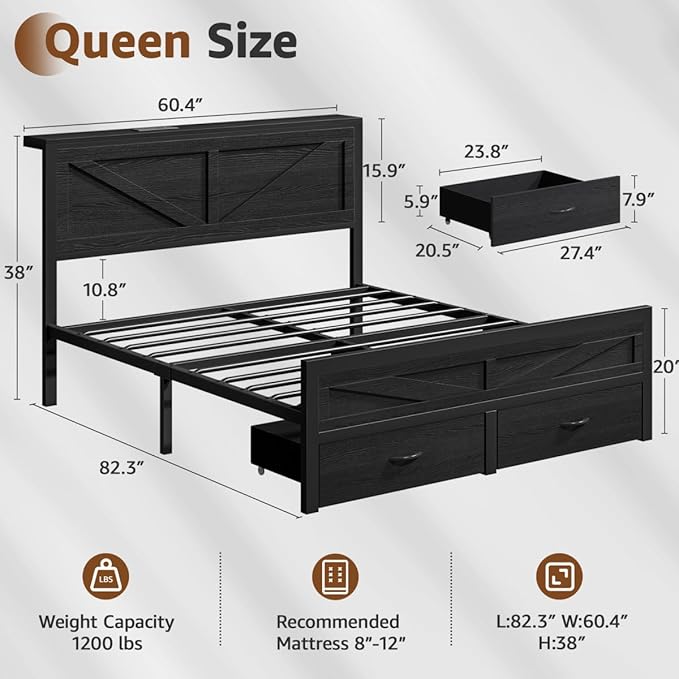 Rustic Queen Bed Frame with Storage Drawers and Barn Door Headboard, Farmhouse LED Bed Frame Queen Size with Charging Station, Metal Industrial Platform Bed Frames, No Box Spring Needed, Black
