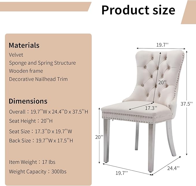 Luxury Upholstered Dining Chairs Set of 2, Beige Kitchen Chair with Silver Metal Legs, Velvet Tufted Back Dining Chair, Sillas de Comedor, Modern Kitchen & Dining Room Chairs (Beige, 2 Pcs)
