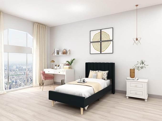 Low Profile Upholstered Platform Bed,Twin Beds with Black(Linen)