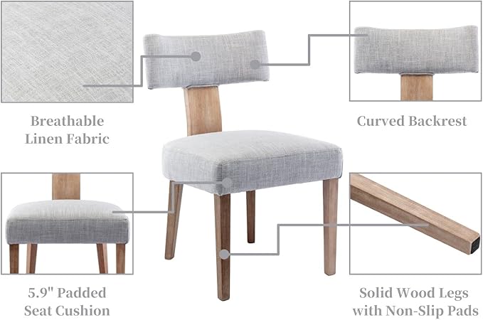 Linen Dining Chairs Set of 6, Modern Dining Chair with Wood Legs, Upholstered Dining Chairs for Dining Room, Kitchen, Vanity, Living Room, Grey