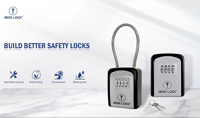 Iron Lock® Key Lock Box Portable with Cable Shackle – Small Waterproof Heavy-Duty Metal Safe with 4-Digit Combination for Spare Keys Outside on Door Knob, Fence, Pipe or Gate (Grey, Small)