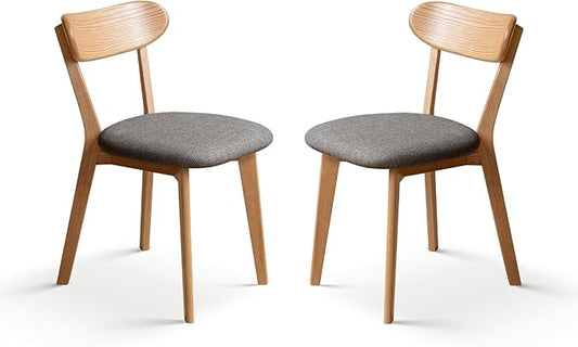 100% Solid Wood Upholstered Dining Chairs, Mid Century Modern Oak Dining Chairs with Curved Back with Butterfly Wing Shape for Kitchen, Dining Room, Restaurant (2PK, Log Color-Dark Gray Cushion)