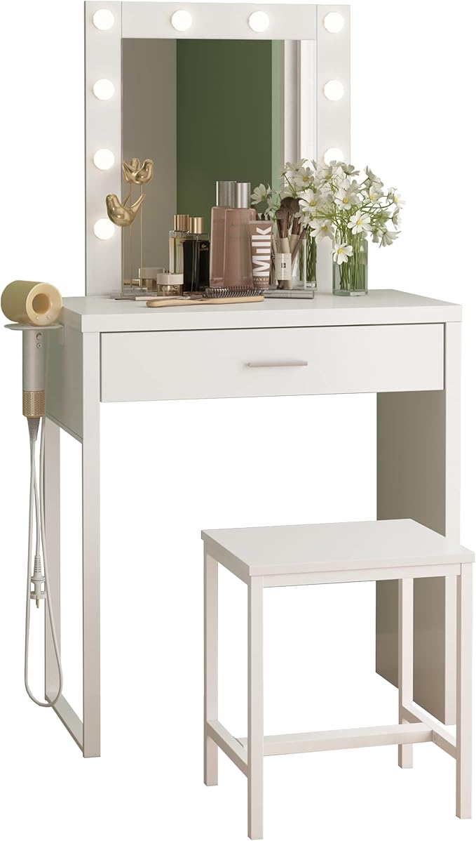 Makeup Vanity Desk with Mirror and Lights, Small Vanity Table and Chair Set,White Makeup Table with 10 LED Lights,Dressing Table for Bedroom,27.6in(L)