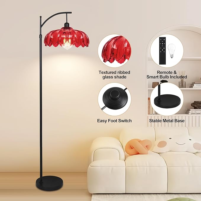 Unique Floor Lamp for Living Room with Remote,Arc Vintage Flower Standing Tall Lamp,Black Dimmable Floor Lamp with Red Glass Shade,Modern Mid Century Floor Lamps for Bedroom Office Corner
