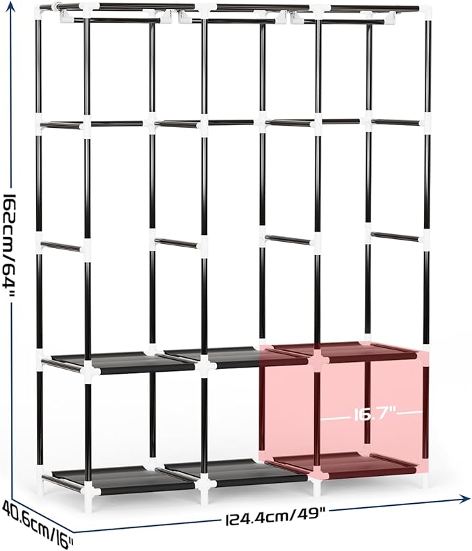 Mavivegue Portable Closet, Wardrobe Closet Organizer with Cover, 3 Hanging Rods and Shelves,Large Capacity for Bedroom, Living Room (Gray, 50" W x 17" D x 64" H)