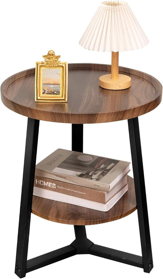 Side Table, 2-Tier Round End Table for Living Room, Small Nightstand Wooden Bedside Tables with Storage Shelf, 19.5-Inch Circle Accent Table for Bedroom, Office, Apartment (Walnut)