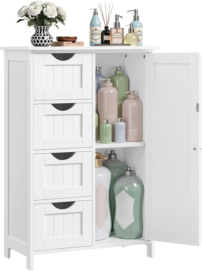 VASAGLE Storage Cabinet with Drawers, Freestanding Floor Cabinet with Door, 11.8 x 21.7 x 32.3 Inches, Adjustable Shelf, for Bathroom, Living Room, Kitchen, Cloud White ULHC041WH01S
