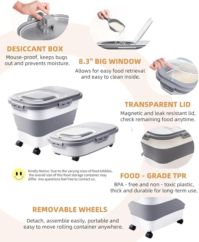 20-23 Lbs Dog Food Storage Container - Collapsible Dog Food Container with Attachable Casters and Scoop,Travel Silicone Bowl, Pet Food Storage Containers to Keep Dry Food Fresh,Easy to Move