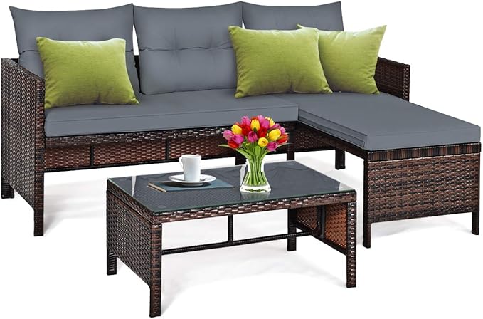 Tangkula Patio Corner Sofa Set 3 Piece, Outdoor Rattan Sofa Set, Includes Lounge Chaise, Loveseat & Coffee Table, Patio Garden Poolside Lawn Backyard Furniture