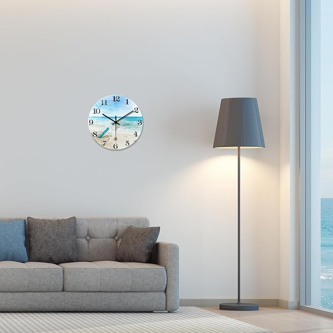 XNM Round Beach Blue Wall Clock for Bedroom Glass Small Wall Clocks Battery Operated 12 Inch Farmhouse Clocks for Walls