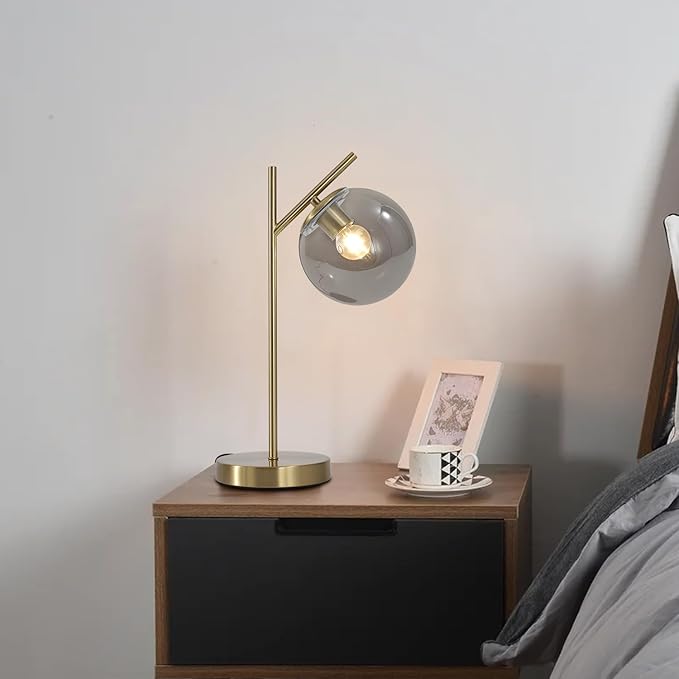 Mid Century Desk Lamp, Glass Globe Table Lamp with Gray Glass lampshade, Gold Modern Bedside Lamps for Bedroom Living Room Study Room